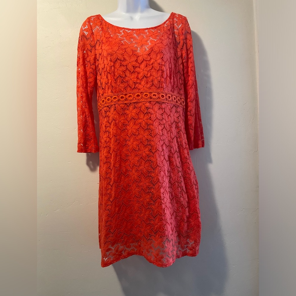 laundry by Shelli Segal -Orange Red Flower Lace Dress With Separate Slip Lining